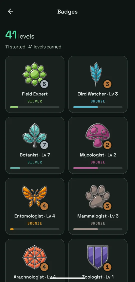Badges: Botanist level 7 silver, Bird Watcher level 3, Mycologist level 2, Entomologist level 4 and more