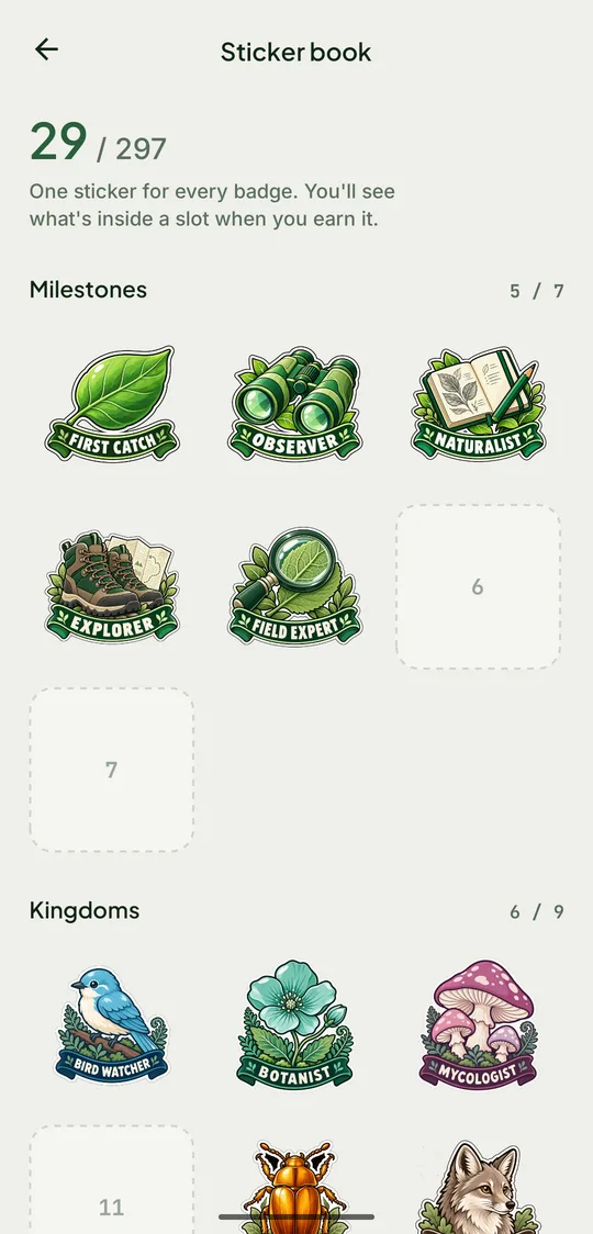 The sticker book, 29 of 297 collected, with milestone and kingdom stickers