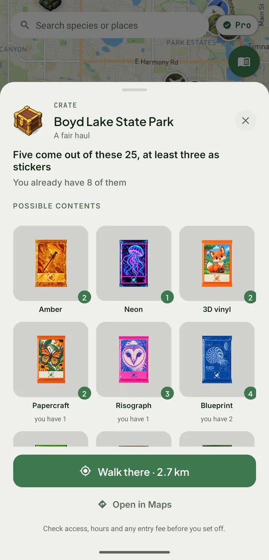 A crate preview at Boyd Lake State Park: five come out of these 25, at least three as stickers, with the packs it can hold and how many of each you already have
