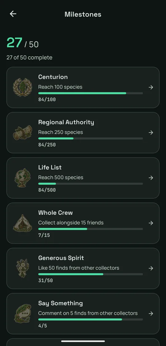 Milestones: 27 of 50 complete, with progress toward 100, 250 and 500 species