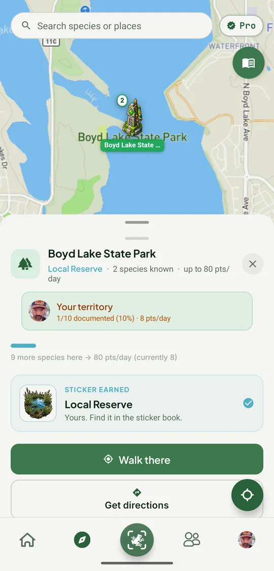 The map with Boyd Lake State Park selected: a Local Reserve, 2 species known, your territory, 1 of 10 documented, 8 points a day